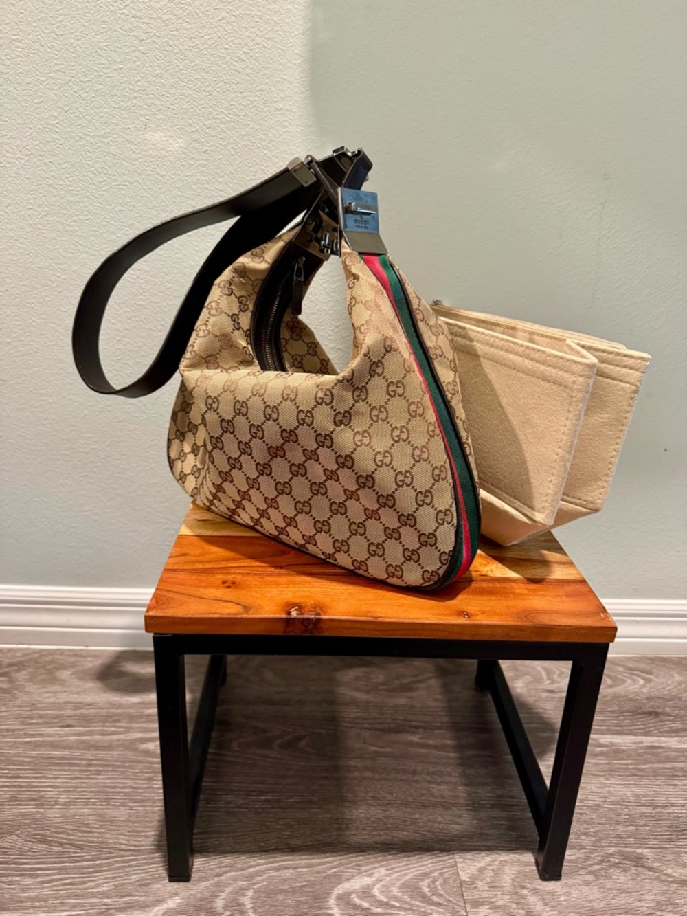 Authentic Gucci Attache Sherry Shoulder Bag 3341 GG Canvas and Brown Leather